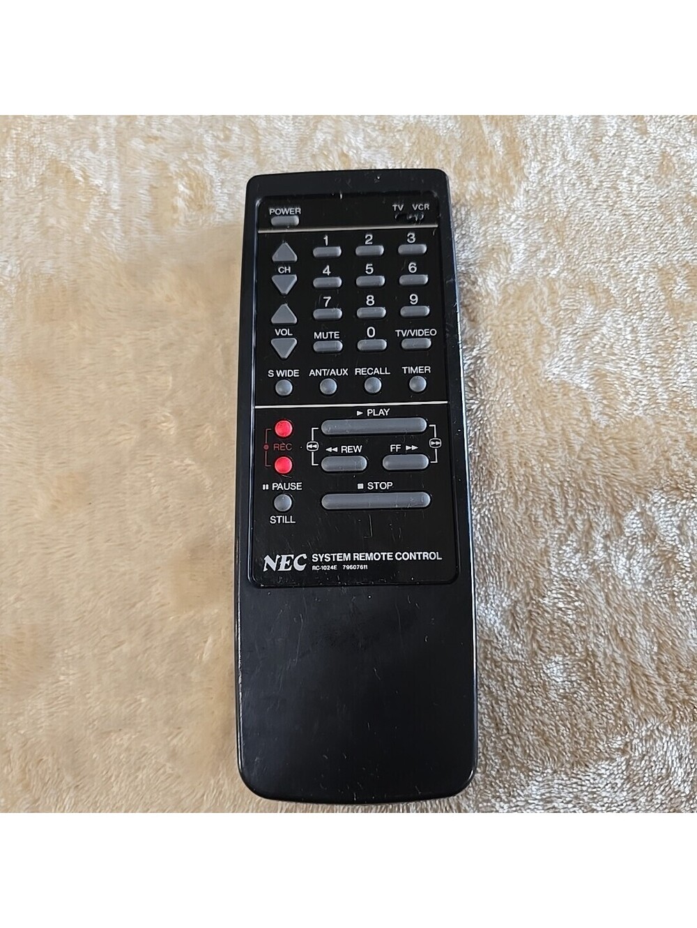 NEC RC-1024E  TV / VCR Remote Control VintageBlack OEM Original No Battery Cover